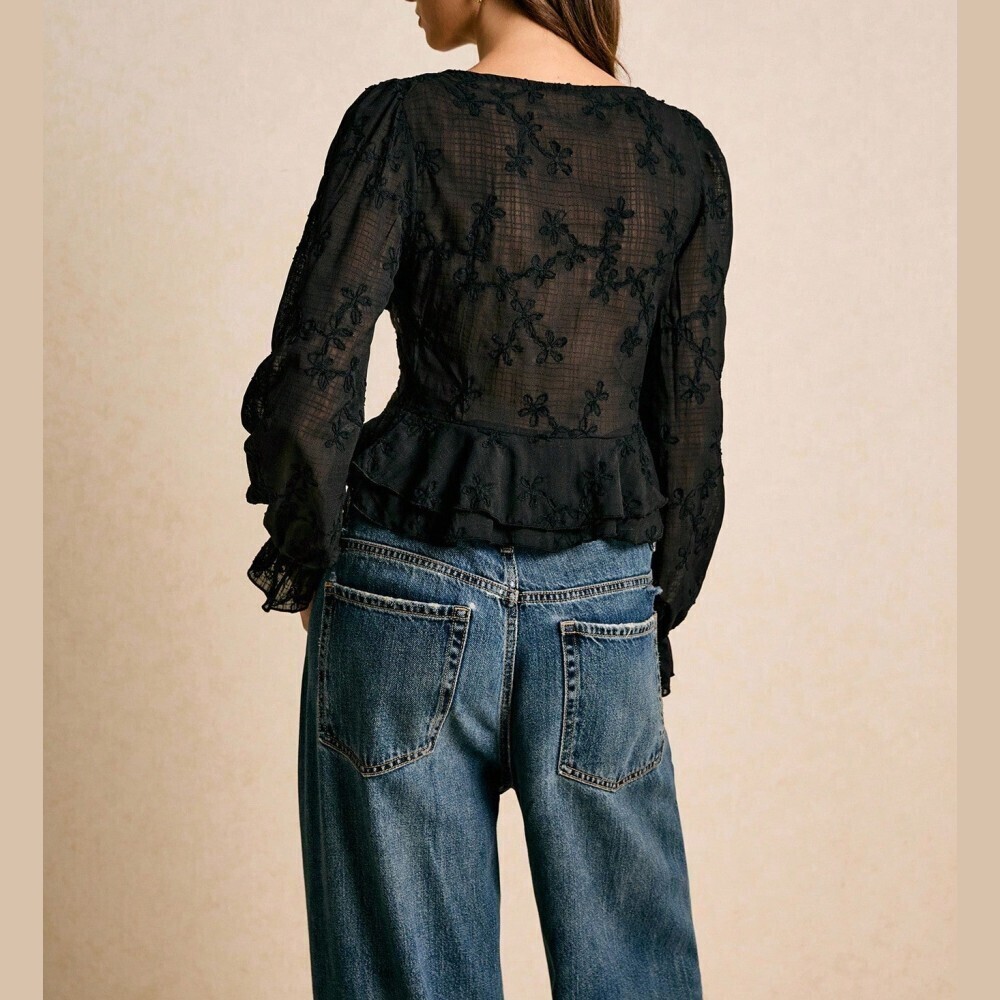 Black Embroidered Semi-sheer Deep V Neck Tie Front Peplum Blouse - Picture 3 of 8
